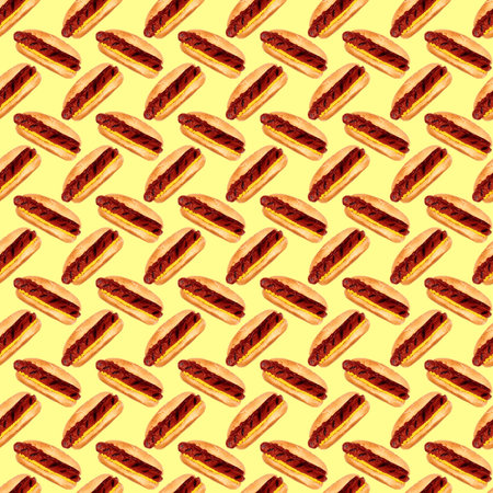 Seamless pattern with hot dogs on a yellow background. Vector illustrationの写真素材