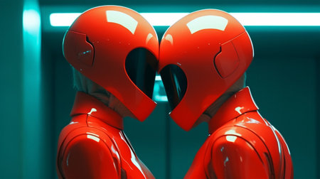 Two male robots in red suits, looking at each other, close-upの素材