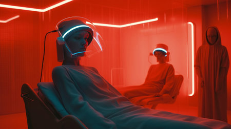 Mannequin with VR headset in neon light. 3d renderingの素材