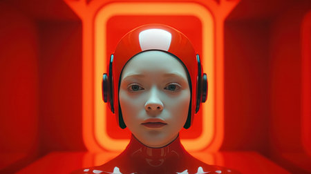 3d rendering of a female robot wearing headphones in a red neon boxの素材