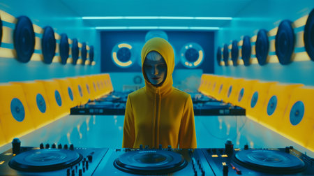 DJ in a yellow hoodie and a black mask on a turntableの素材