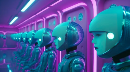 3d rendering humanoid robot in a futuristic room with neon lights.の素材