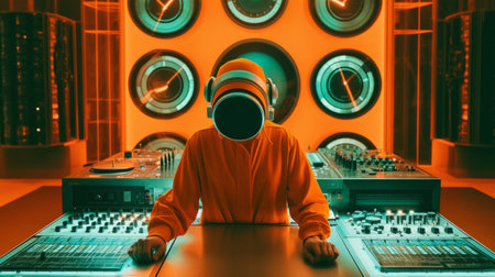 Young man DJ in a red suit and with headphones on his head is playing music on the console.の素材