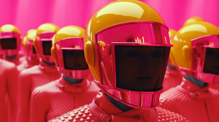 Group of firemen in red and yellow helmets. 3D renderingの素材