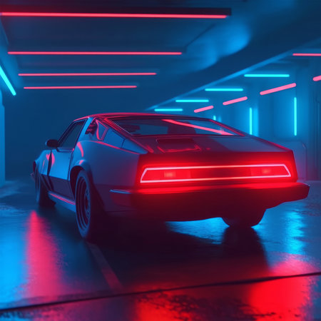 3d rendering of a car in a underground parking lot with neon lightsの素材