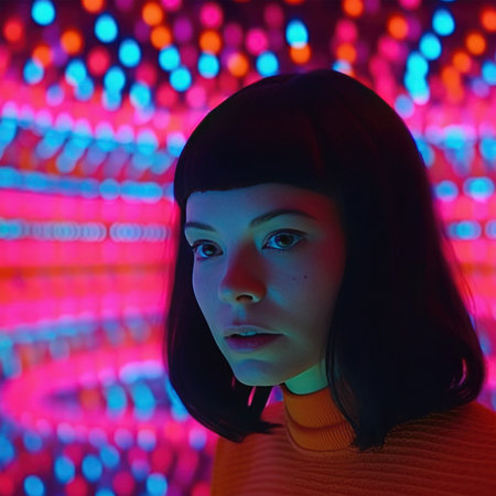 Portrait of a girl with dark hair in a bright neon lightの素材