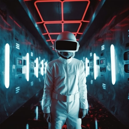 Astronaut in futuristic space suit with virtual reality headset. Future concept.の素材