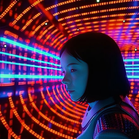 Portrait of a female cyborg looking at the camera in front of a colorful backgroundの素材