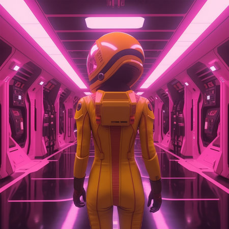 Astronaut in futuristic corridor with neon lights. 3D renderingの素材
