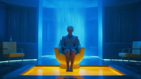 Woman sitting on a yellow chair in a dark room with a blue lightの素材