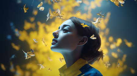 Beautiful young woman with butterfly on her face. Autumn concept.の素材