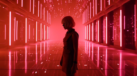 Young woman walking in futuristic corridor with glowing neon lights 3D renderingの素材