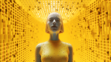 3d rendering of a female figure in a futuristic interior with yellow cubesの素材