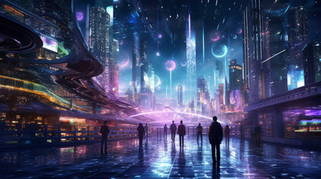 3D rendering of a group of people in front of a futuristic roadの素材