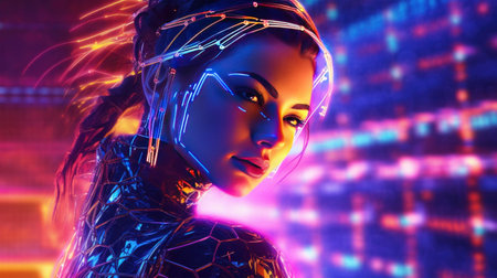 3D rendering of a female cyborg with glowing eyes on a futuristic backgroundの素材