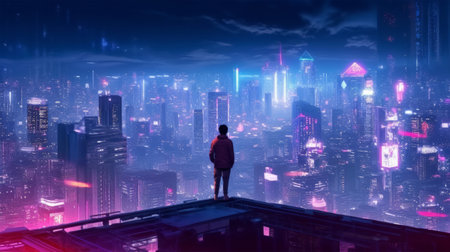 Businessman standing on top of skyscraper and looking at night cityの素材