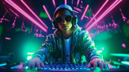 Portrait of a young asian female DJ playing music in a nightclub.の素材