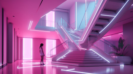 3d rendering of a girl walking in a futuristic interior with neon lightsの素材