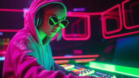 Portrait of a beautiful young asian woman in pink hoodie and sunglasses sitting at the mixer console in neon light.の素材