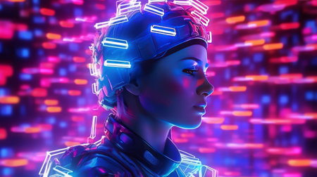 Cyborg woman with glowing neon lights on her head. 3D renderingの素材