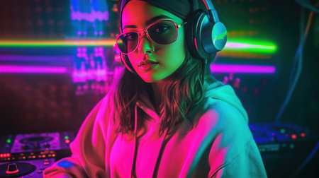 Portrait of a beautiful young asian girl DJ in headphones playing music at the nightclub.の素材