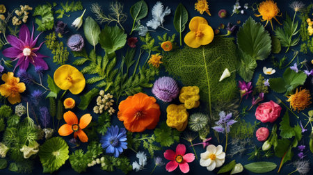Flowers and plants on a dark blue background, top view.の素材