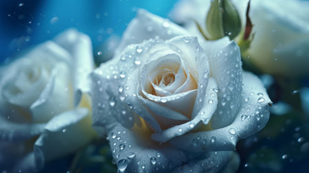 Beautiful white rose with water drops on blue background, closeupの素材