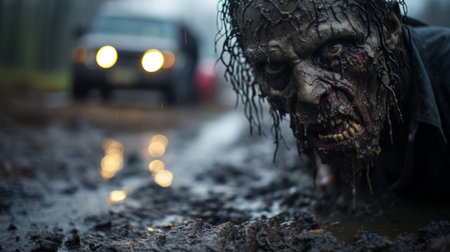 Scary zombie in the rain on the road. Halloween concept.の素材