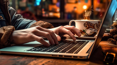 Close up of female hands typing on laptop keyboard in a pub.の素材