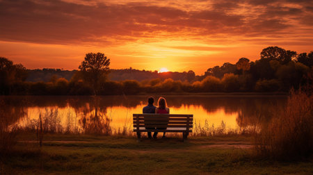 Romantic couple sitting on a bench by the lake at sunset.の素材