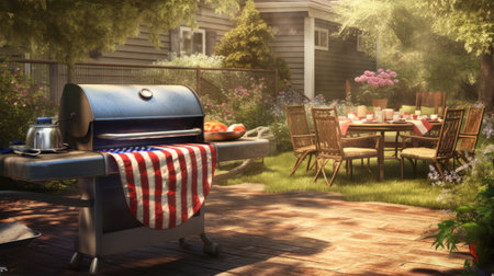 Barbeque in the backyard of a country house. 3d renderingの素材