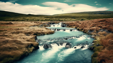 Icelandic landscape with waterfalls. Retro style toned imageの素材