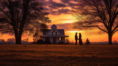 Beautiful sunset in the countryside. Silhouettes of a couple in love.の素材