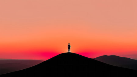 Silhouette of a man standing on top of a hill at sunsetの素材