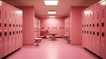 3D render of a school locker room with pink lockers.の素材