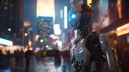 Robot in the city at night. Concept of artificial intelligence.の素材