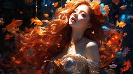 Beautiful redhead girl in a wreath of flowers and butterflies.の素材