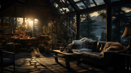 3d rendering of a cozy living room in the mountains at nightの素材