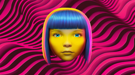 3d illustration of a female face with blue hair and pink backgroundの素材