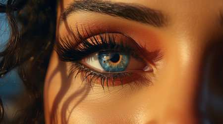 Close up shot of beautiful female eye with long eyelashes and makeupの素材
