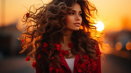 fashion outdoor photo of beautiful sensual woman with dark hair in elegant clothes posing in cityの素材