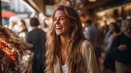 Portrait of a beautiful young woman smiling while shopping in a marketの素材
