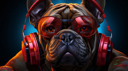 French bulldog with headphones and sunglasses. Close-up portrait.の素材