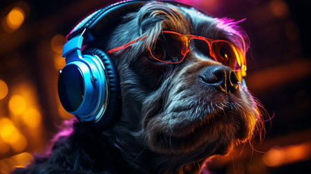 Cute dog in headphones listening to music. Close-up portrait.の素材