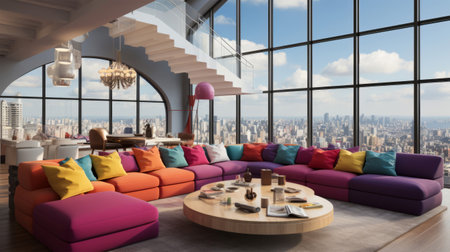 modern living room with sofa, coffee table and city view 3d renderingの素材