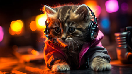 Cute little kitten in headphones listening to music on bokeh background.の素材
