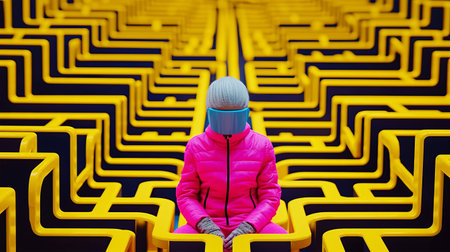 Woman in a pink jacket with a hood sitting on a yellow labyrinthの素材
