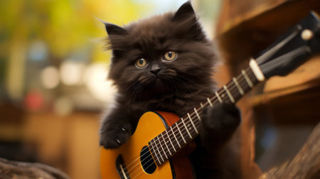 Cute kitten with ukulele and guitar, close upの素材