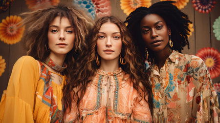 Three multiracial women with dreadlocks in colorful clothes posing on wooden backgroundの素材