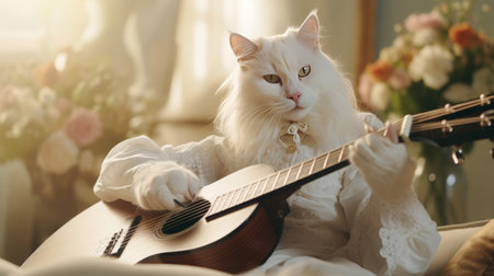Cute cat playing acoustic guitar on sofa in living room at homeの素材